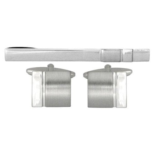 Polished & brushed rhodium rectangle Cufflink and Tie Slide Set