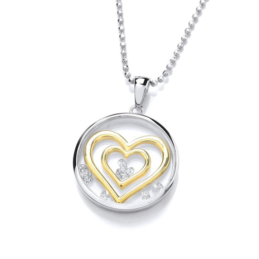 Silver Gold detail & Cubic Zirconia Twin hearts pendant
