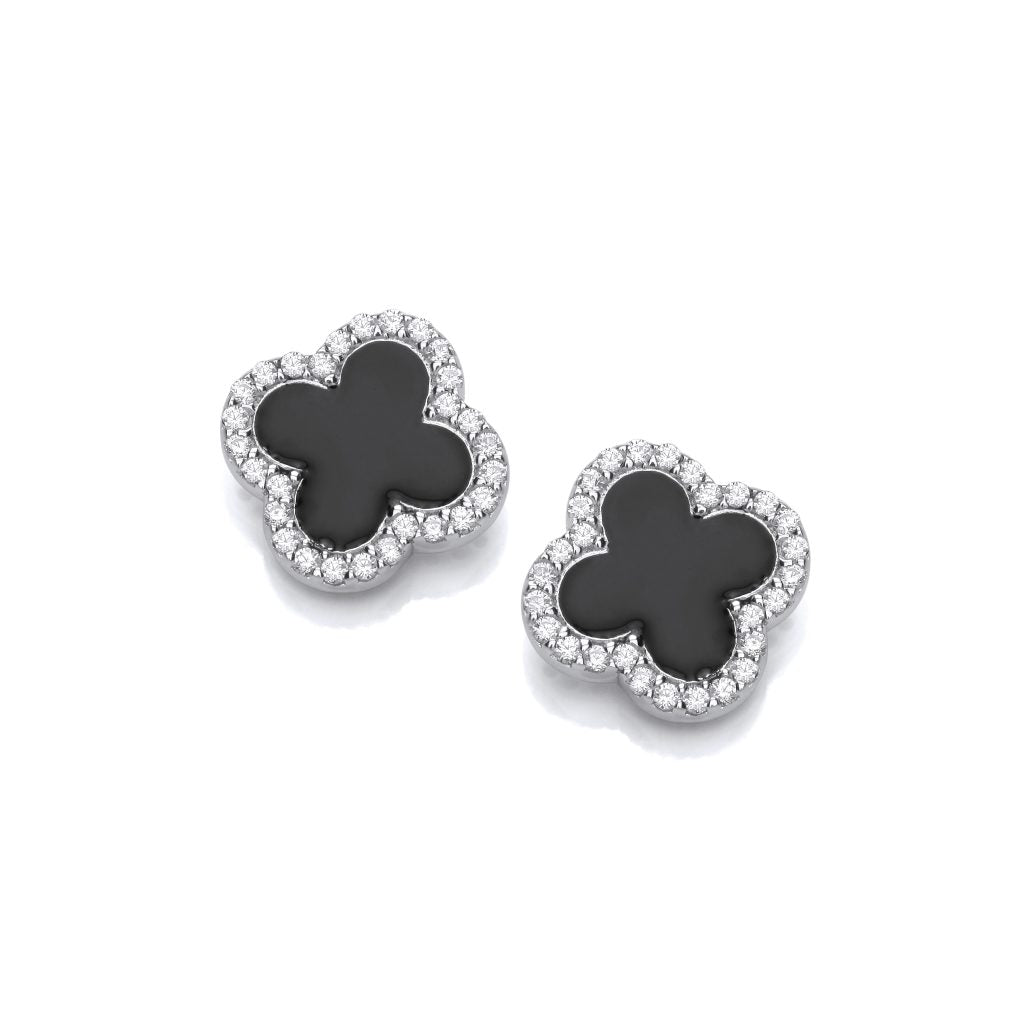 Silver, Cubic Zirconia & Black Enamel Modern Vintage Clover Earrings