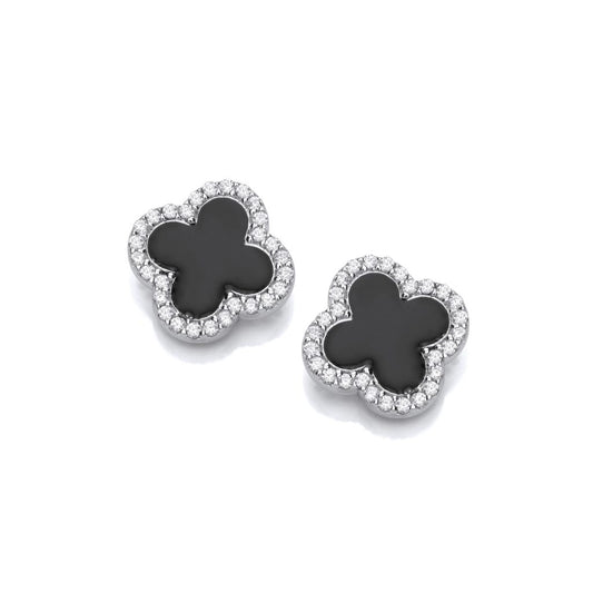 Silver, Cubic Zirconia & Black Enamel Modern Vintage Clover Earrings
