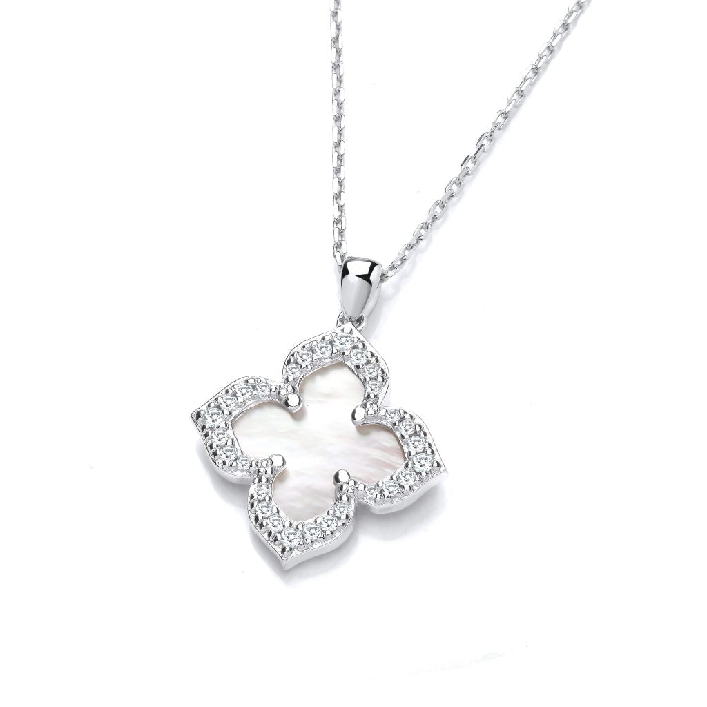 Silver, Cubic Zirconia & White Mother of Pearl Vintage Style Clover Necklace