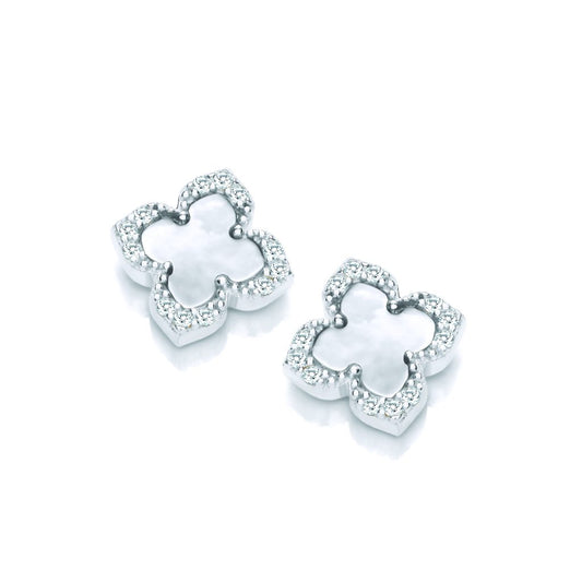 Silver, Cubic Zirconia & Mother of pearl Modern Vintage Clover Earrings
