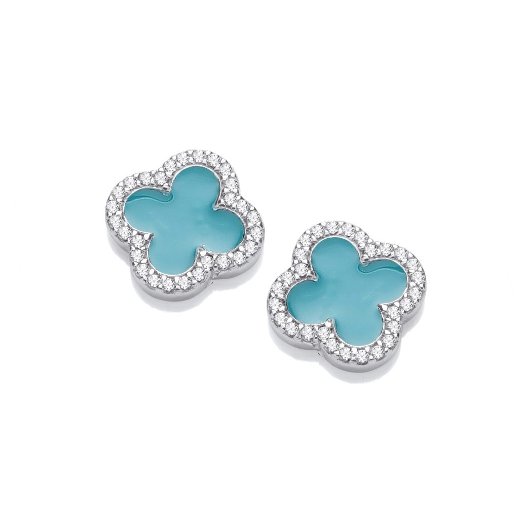 Silver, Cubic Zirconia & Turquoise Enamel Modern Vintage Clover Earrings