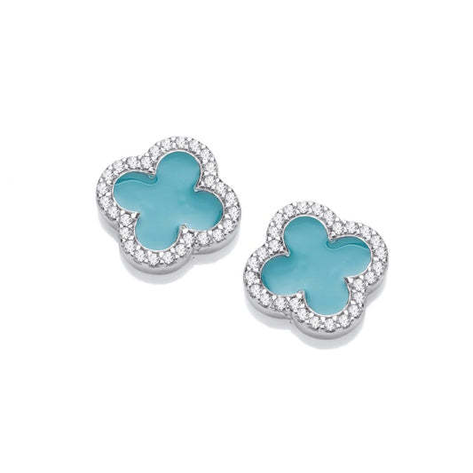 Silver, Cubic Zirconia & Turquoise Enamel Modern Vintage Clover Earrings