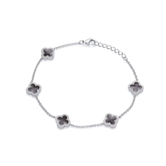 Silver, Cubic zirconia & Black Enamel Modern Vintage Clover Bracelet