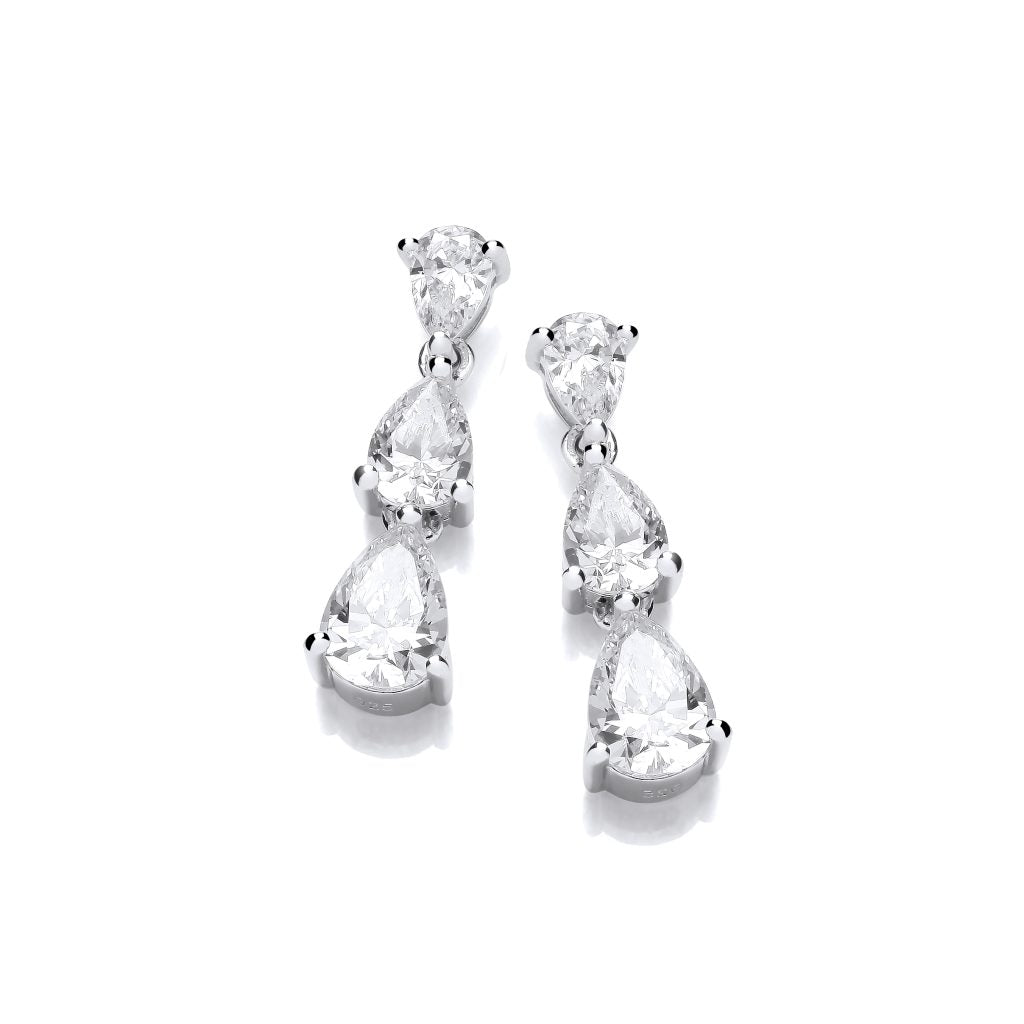 Silver & Triple Cubic Zirconia Teardrop Earrings