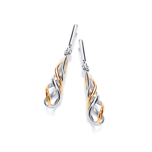 Silver & Gold Detail Spiral Twist Drop Earrings