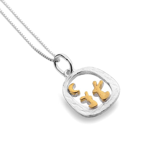silver and gold plated detail rabbit and moon pendant