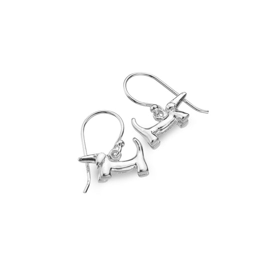 Silver sausage dog drop earrings