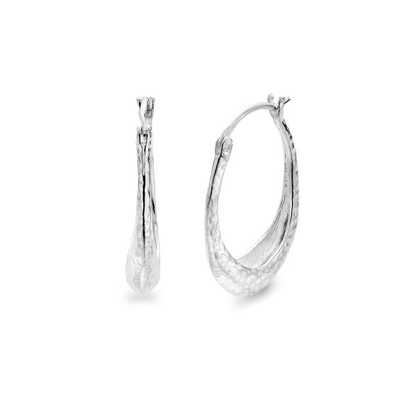 silver hammered style oval hoop earrings