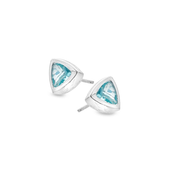 silver and blue topaz triangle stud earrings