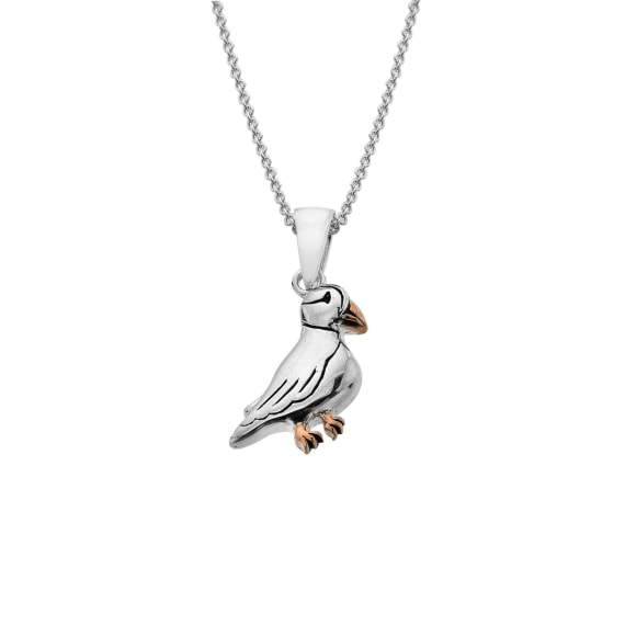 silver and rose gold plated puffin pendant