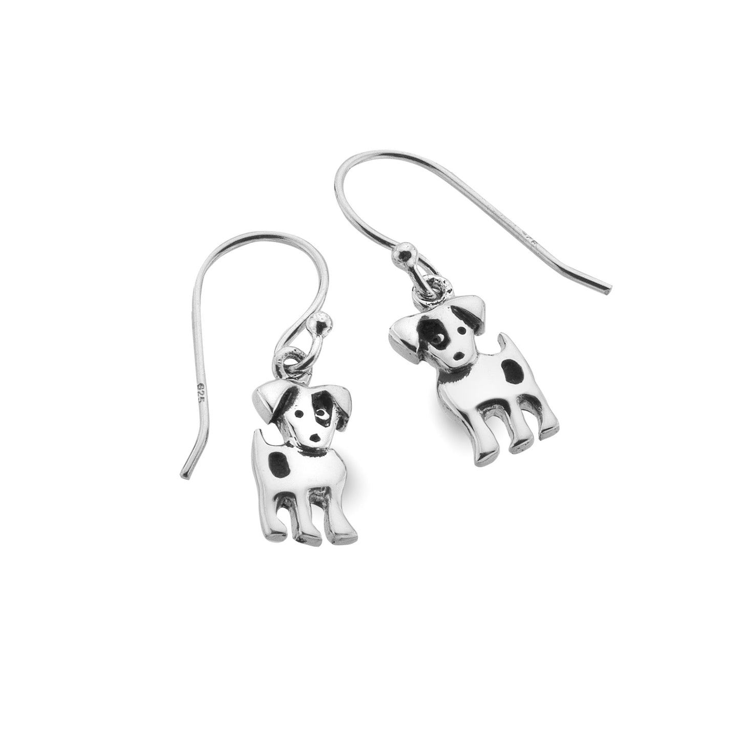 Silver small dog drop earrings