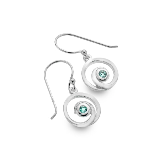 silver and blue topaz spiral drop earrings