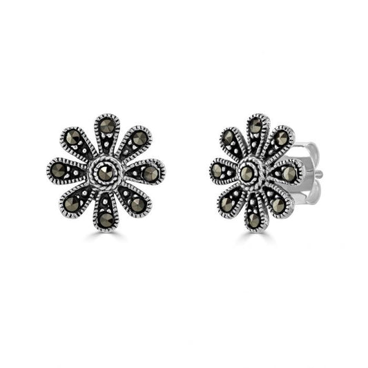 Silver and marcasite flower shaped stud earrings