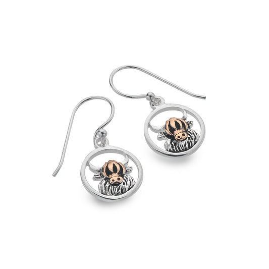 Silver highland cow drop earrings with rose gold detail