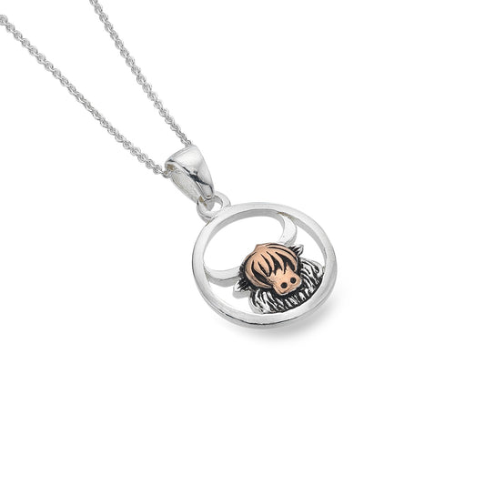 Silver highland cow necklace with rose gold detail