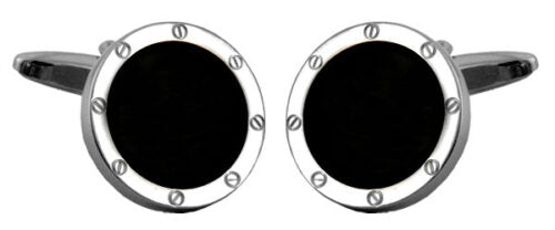 rhodium plate and black onyx round cufflinks
