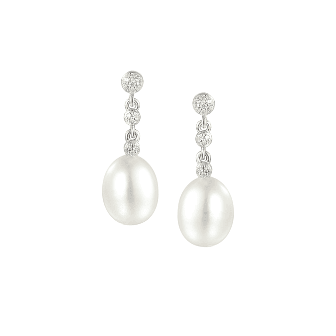 Silver, freshwater pearl and cubic zirconia drop earrings