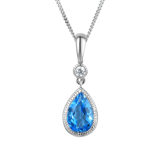 Real silver, blue topaz and cubic zirconia teardrop pendant