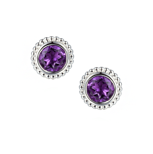 Silver and amethyst round stud earrings