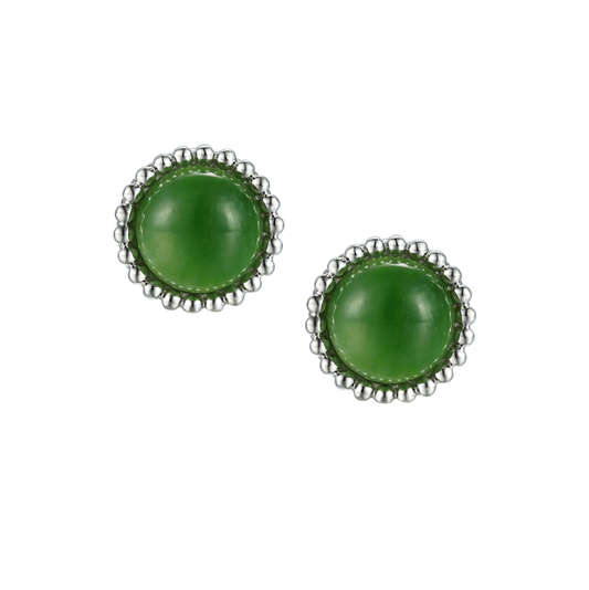 Silver and Jade round stud earrings with beaded edge detail