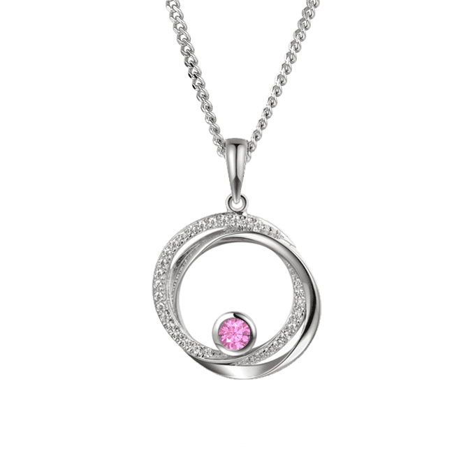Real silver, pink sapphire and cubic zirconia circle pendant