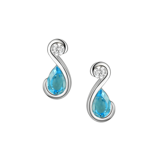 Sterling Silver, teardrop shaped Blue Topaz stud earrings with Cubic Zirconia