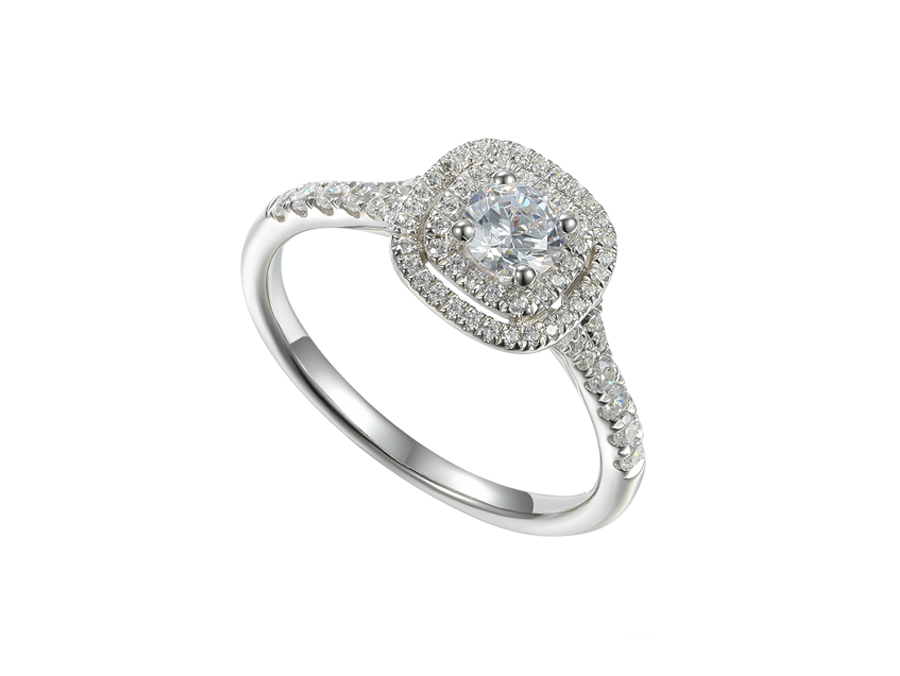 Silver and cushion shaped cubic zirconia cluster ring with stone set shoulders