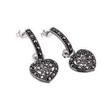 Silver and Marcasite heart drop earrings