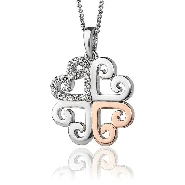 Clogau silver, rose gold and white topaz heart cluster pendant on a chain