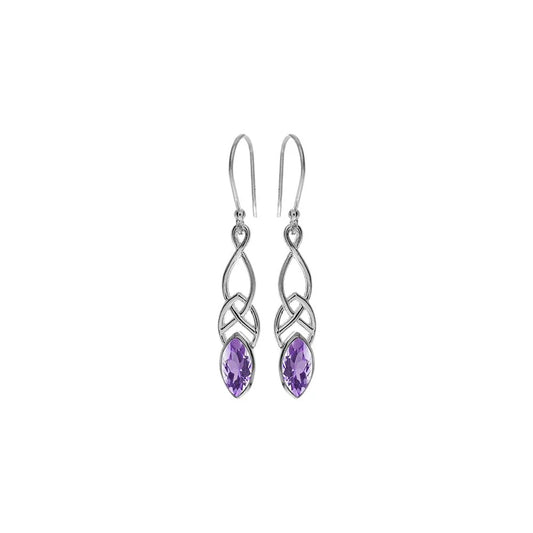 Silver and Amethyst celtic design drop earrings.