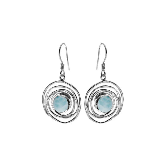 Silver large twisted round drop earrings with Larimar centre stone.