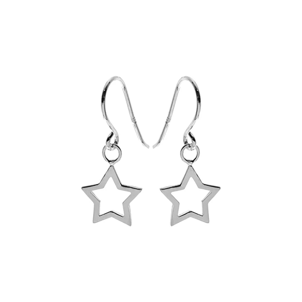 Silver open star outline drop earrings
