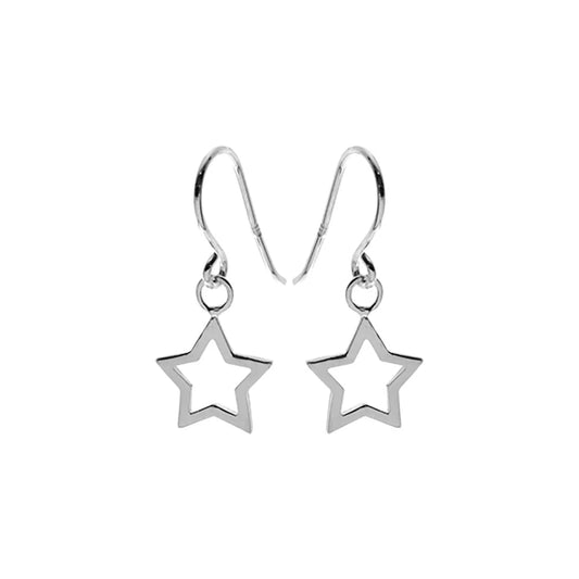 Silver open star outline drop earrings