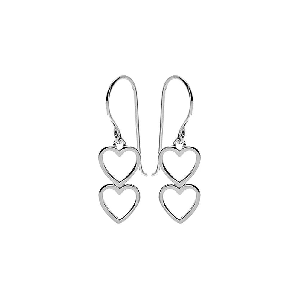 Silver double heart outline drop earrings