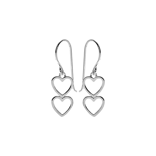 Silver double heart outline drop earrings