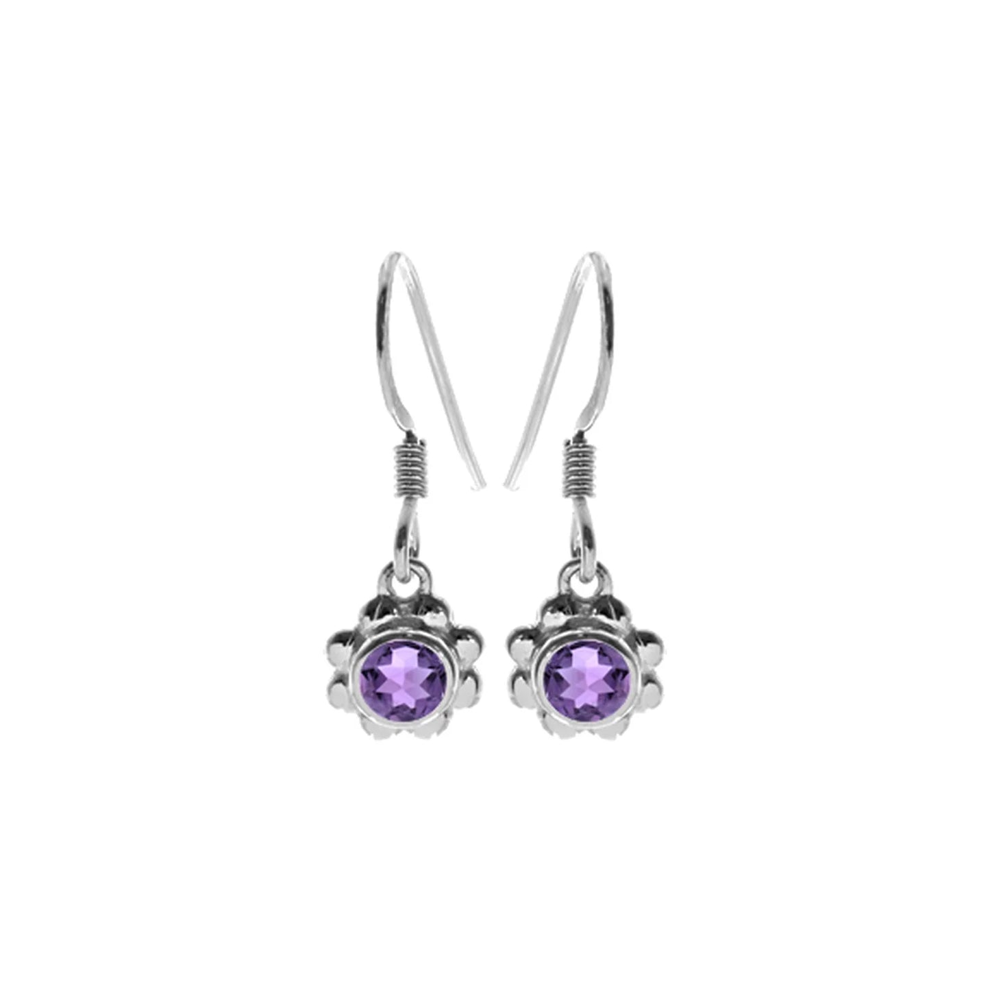 Silver and Amethyst flower drop earrings