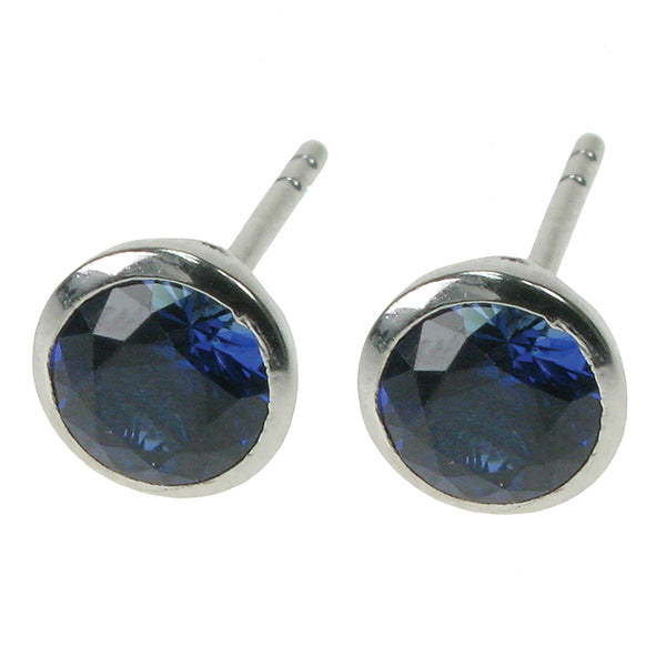 silver and created sapphire round stud earrings