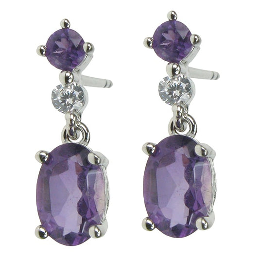 Silver And Amethyst With Cubic Zirconia two stone drop Earrings