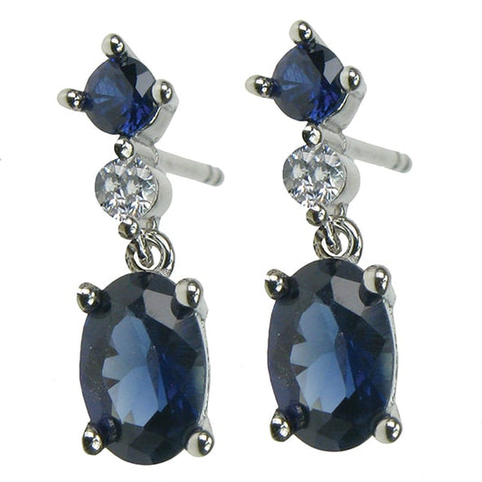 silver and created sapphire two stone drop earrings with cubic zirconia