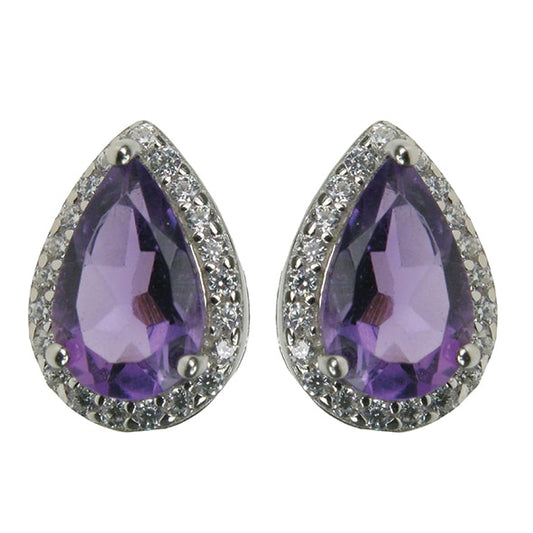 Silver And Amethyst With Cubic Zirconia pear Stud Earrings