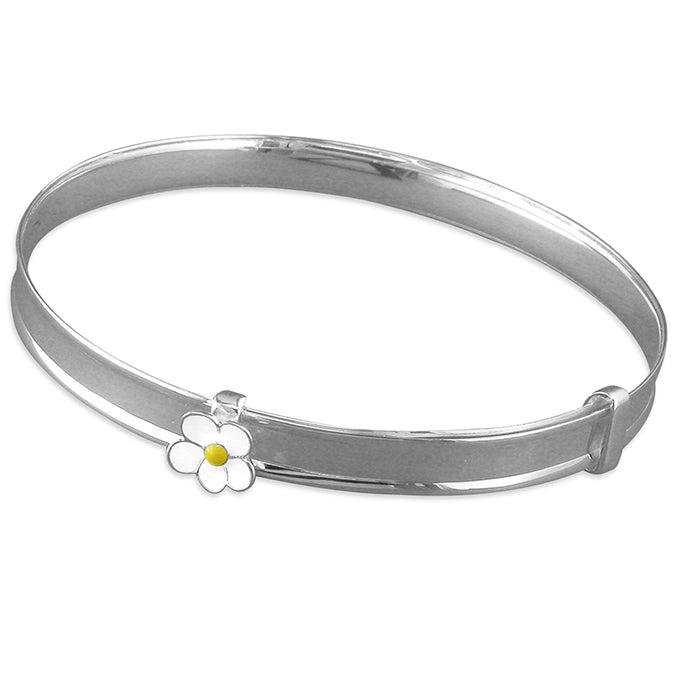 Silver enamel daisy solid expanding bangle