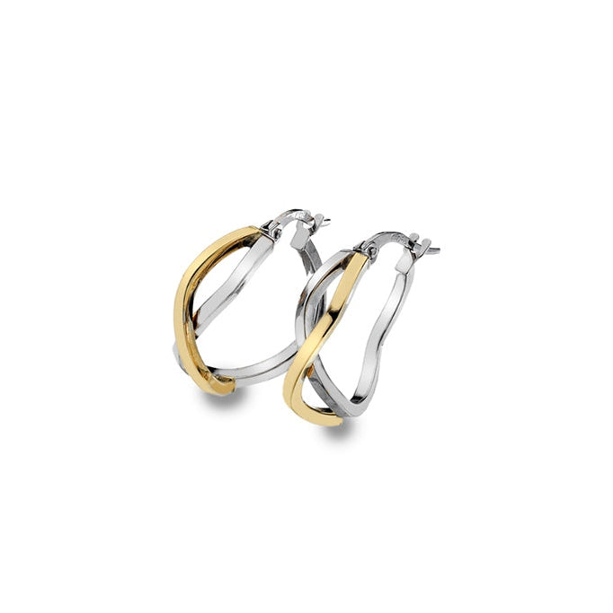 9ct Yellow and White gold cross over hoop earrings