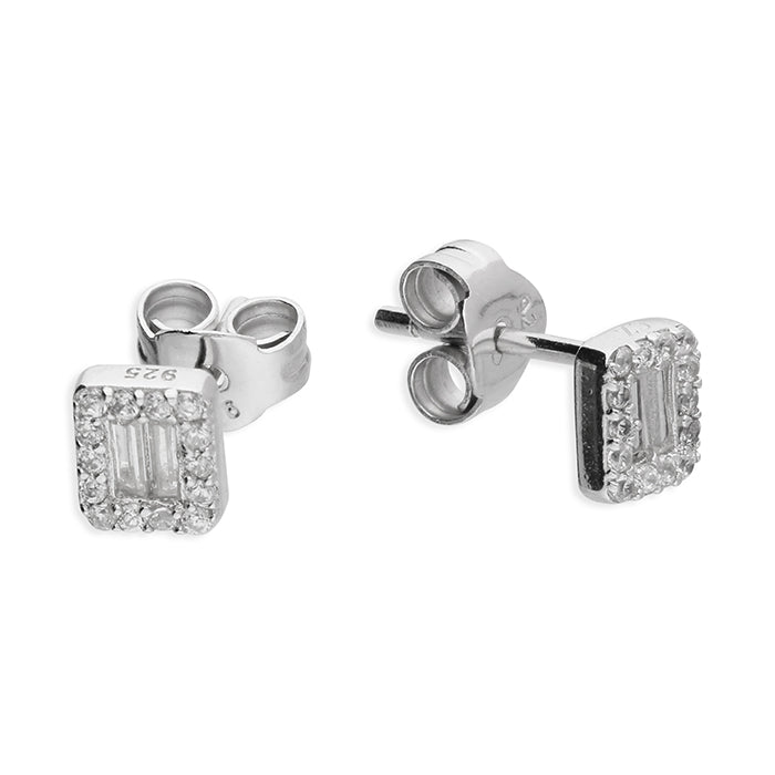 Silver small baguette cut cubic zirconia halo stud earrings