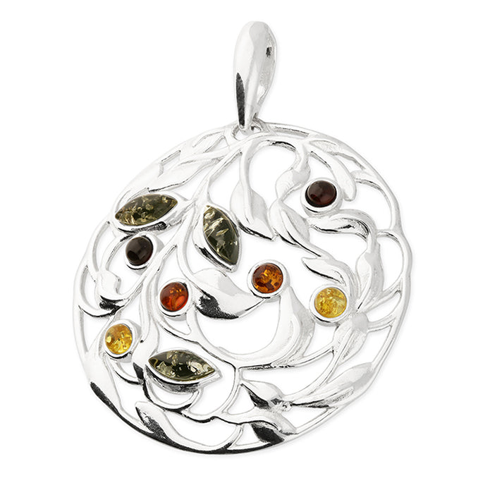 Silver Large, swirling leaf pattern, mixed amber pendant