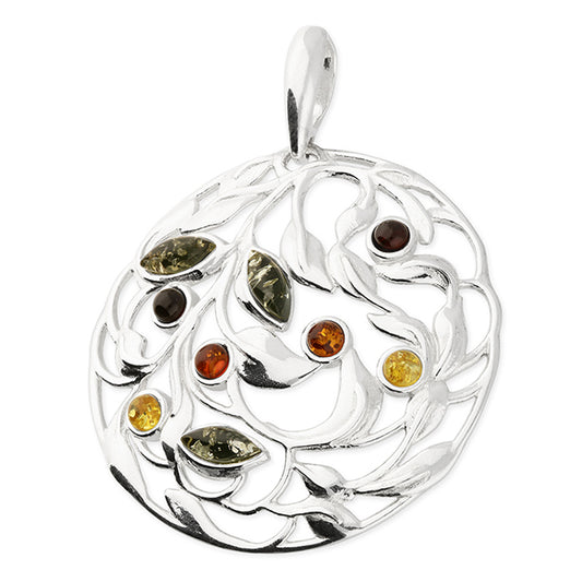 Silver Large, swirling leaf pattern, mixed amber pendant