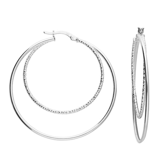 SILVER PLAIN AND TEXTURED DOUBLE HOOP EARRINGS
