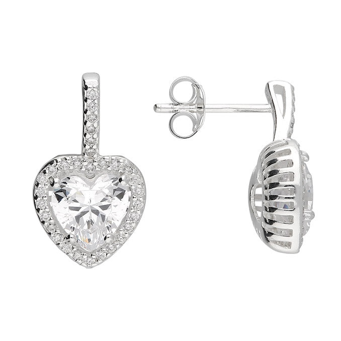 Silver and cubic zirconia heart stud earrings