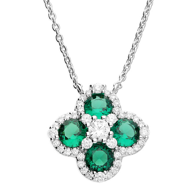 Silver clover with green and white cubic zirconia pendant and earring set